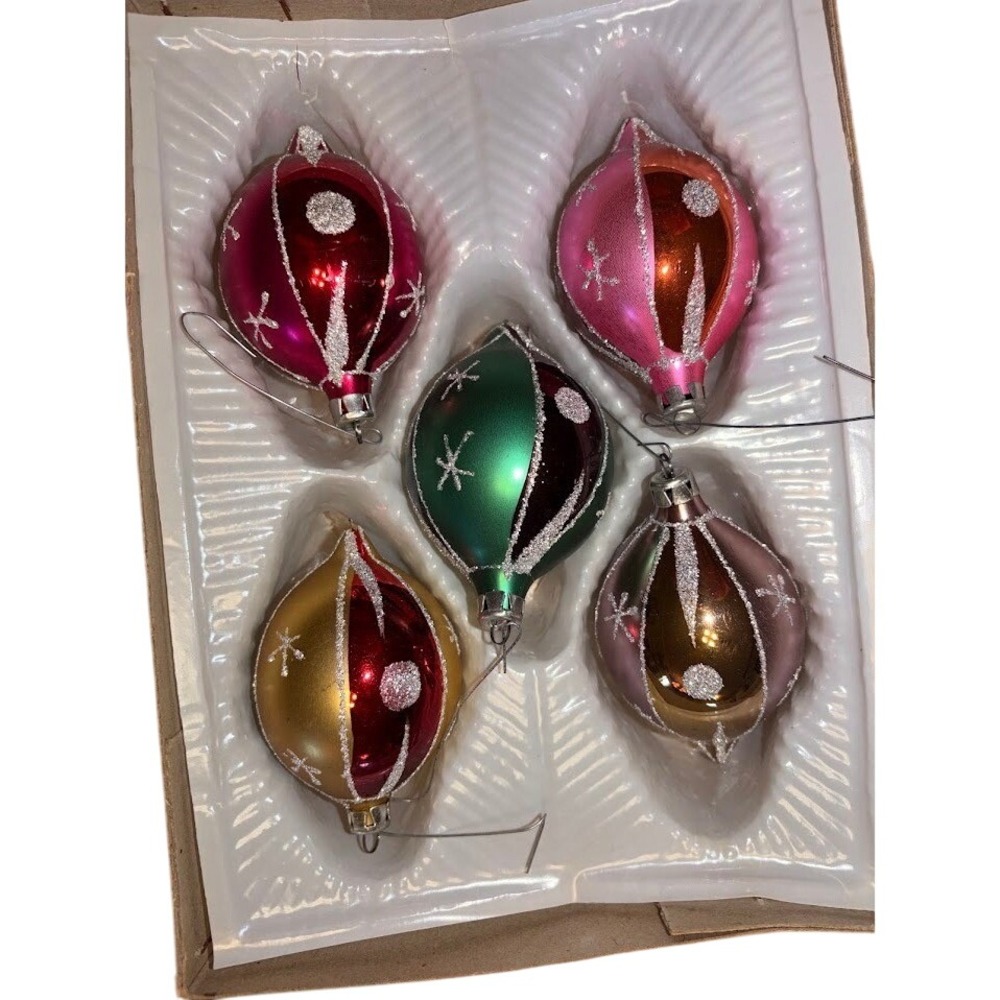 Vintage Glass Christmas Ornaments Set 5 Teadrop Indent Glitter Multi Color Retro